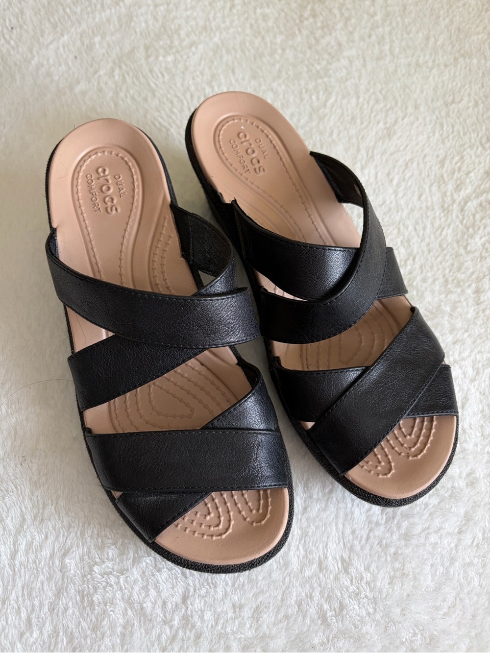 CROCS Women’s Black Crisscross Slide Sandals with Tan Footbed